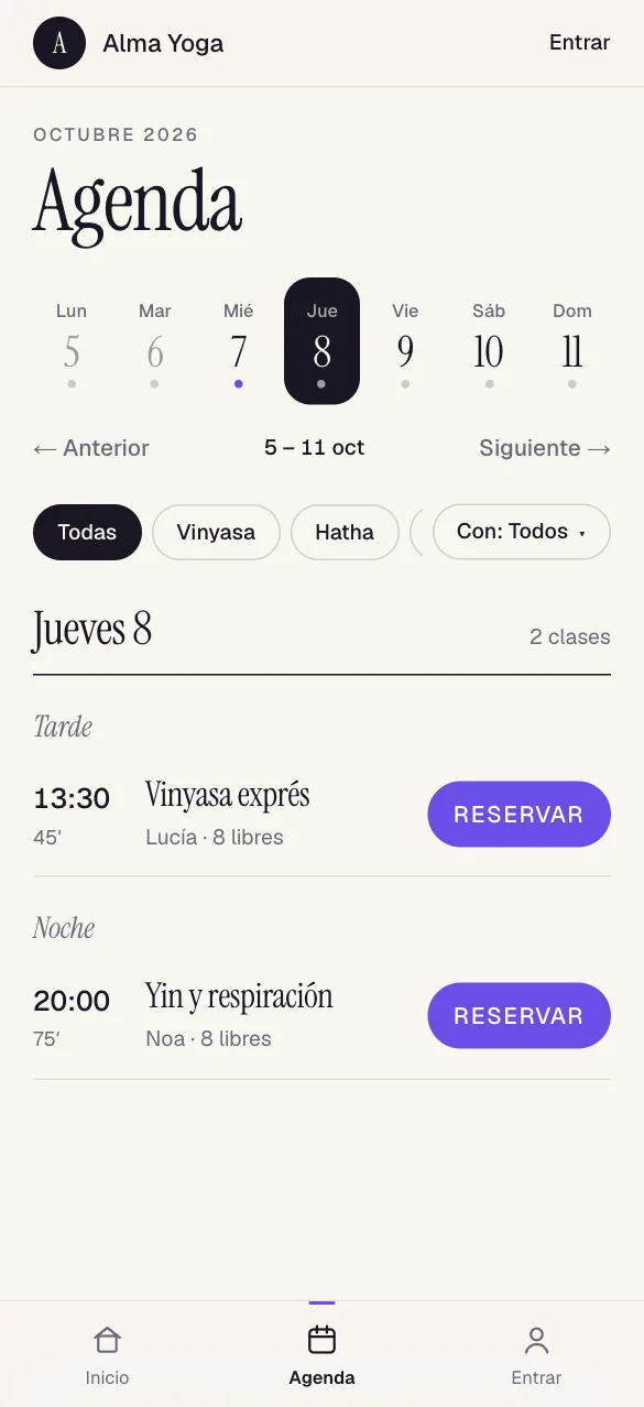Agenda móvil de Alma Yoga