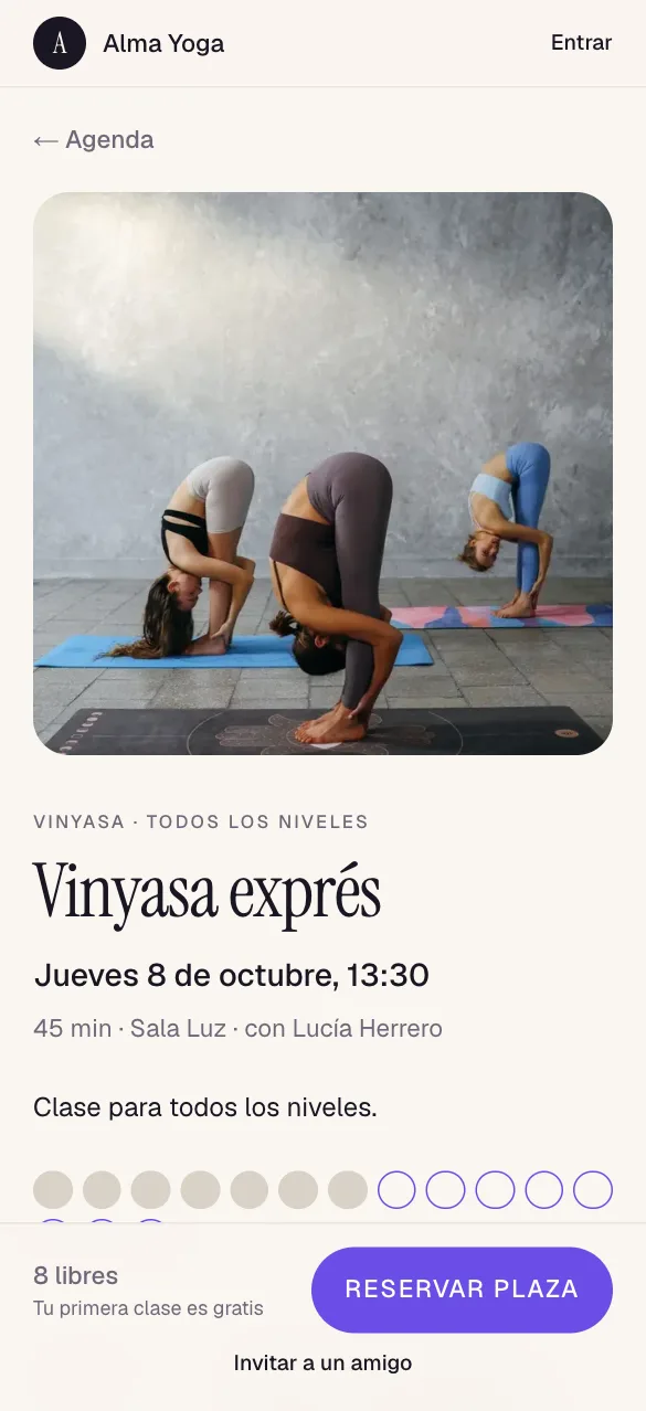 Ficha de la clase Vinyasa exprés con 8 plazas libres y primera clase gratis