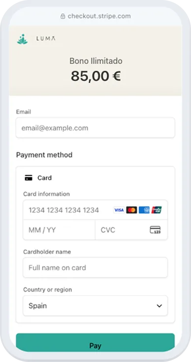 Página de pago segura de Stripe para un bono ilimitado de 85 €