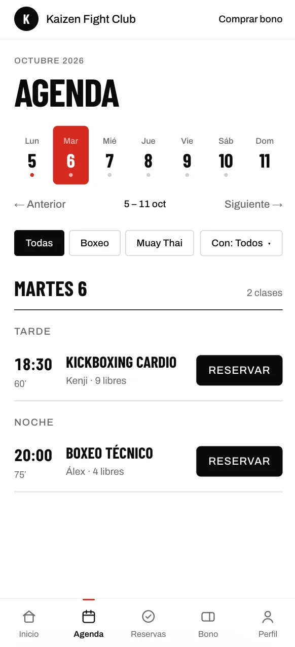 Agenda móvil de Kaizen Fight Club