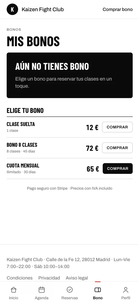 Pantalla de bonos de Kaizen con botón Comprar y pago seguro con Stripe