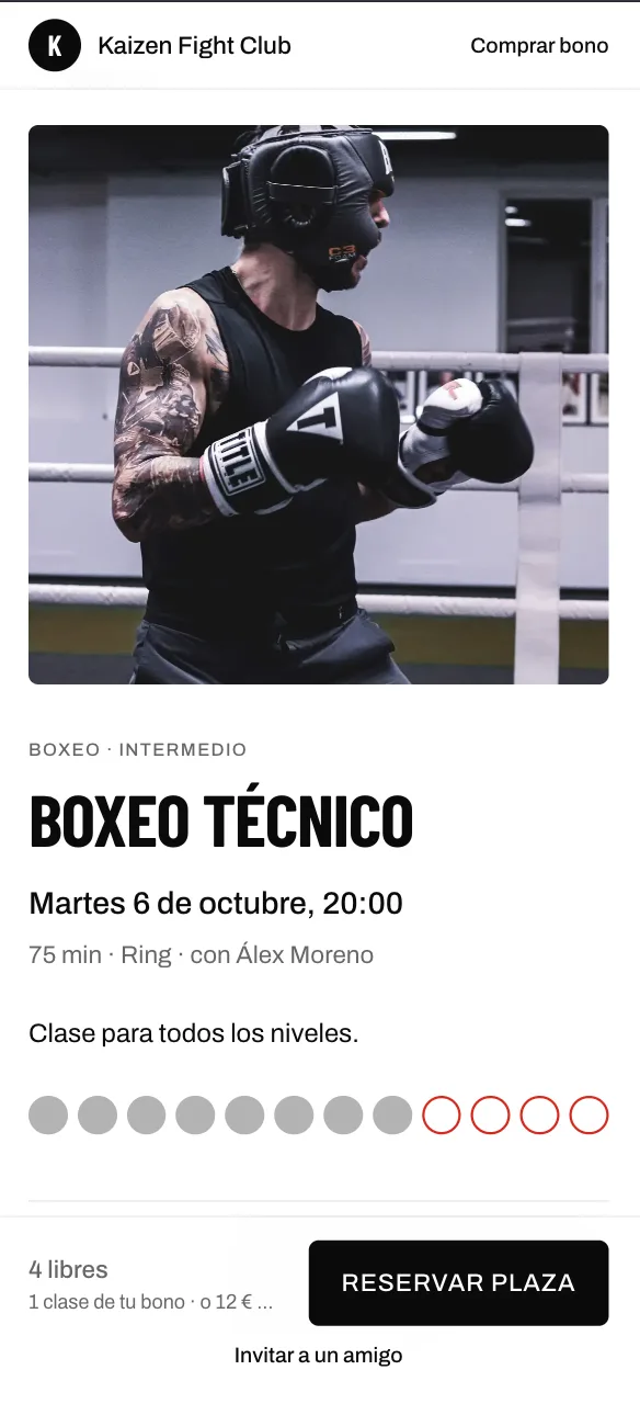 Ficha de la clase Boxeo técnico con 4 plazas libres