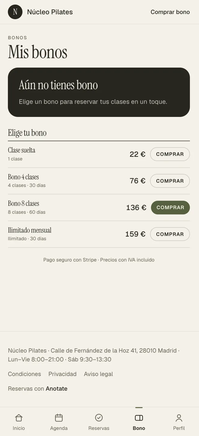 Pantalla Mis bonos de Núcleo Pilates con cuatro tarifas