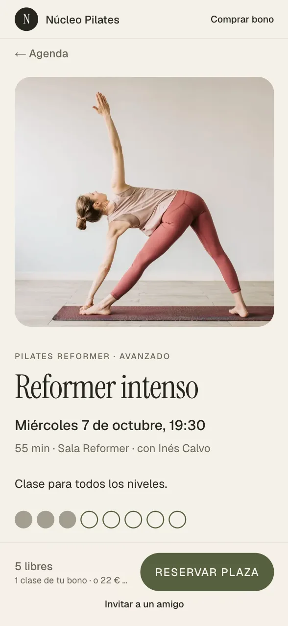 Ficha de clase de Núcleo Pilates con 5 plazas libres