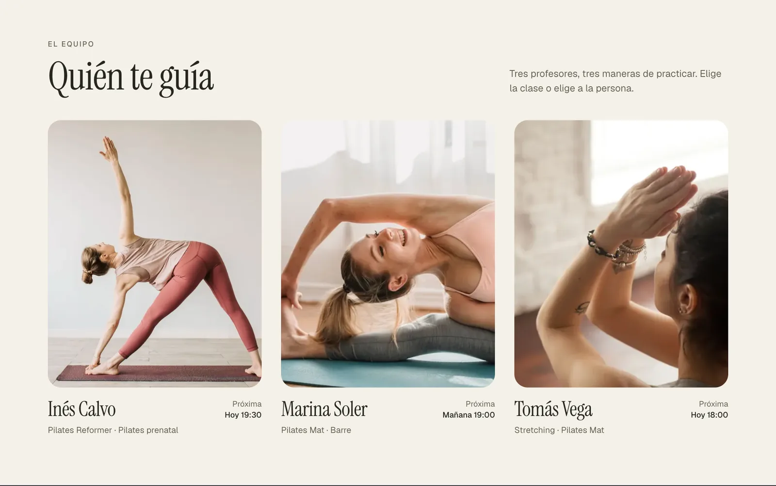 Sección Quién te guía de Núcleo Pilates con tres profesoras