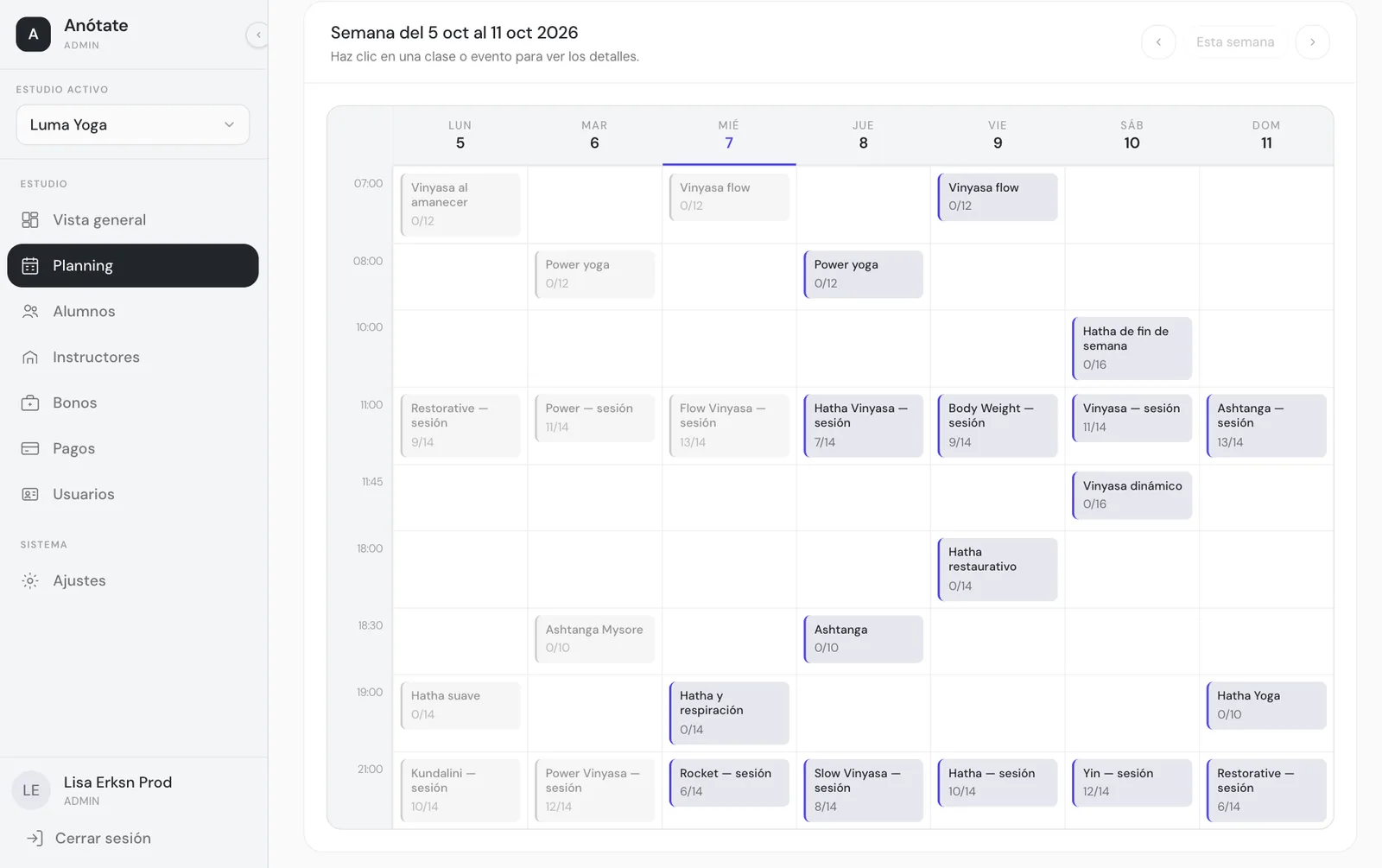 Planning semanal del panel de Anótate con la ocupación de cada clase