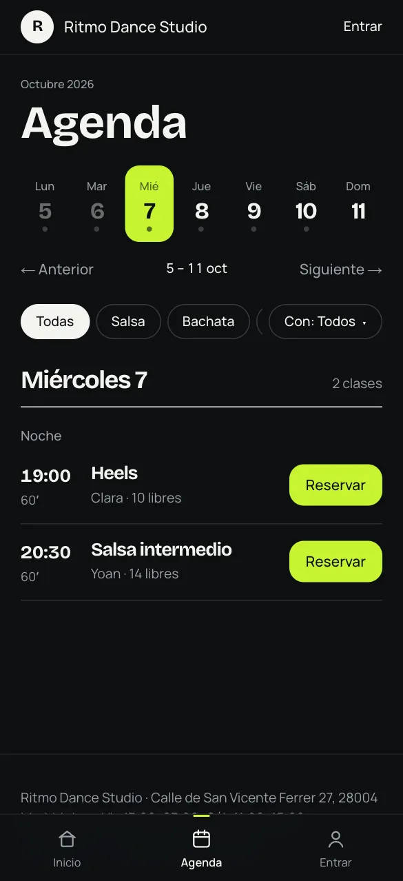 Agenda móvil de Ritmo Dance Studio con filtros Salsa, Bachata y Urbano