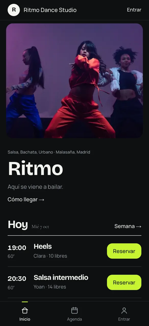 Portada móvil de Ritmo Dance Studio con la próxima clase